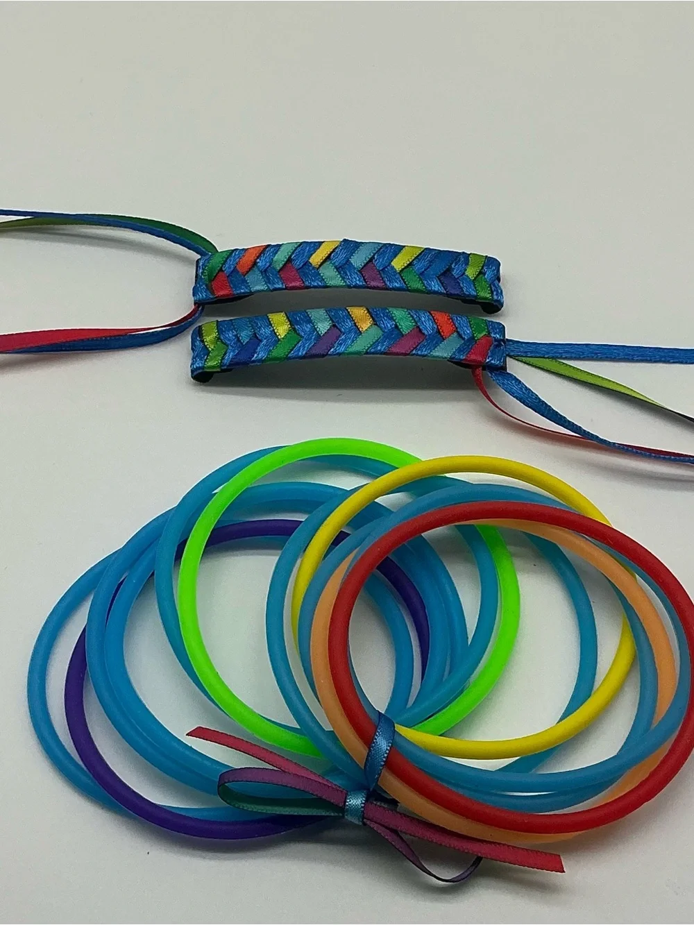 Blue and Rainbow 80s Barrettes & 12 Rainbow Jelly Bracelets